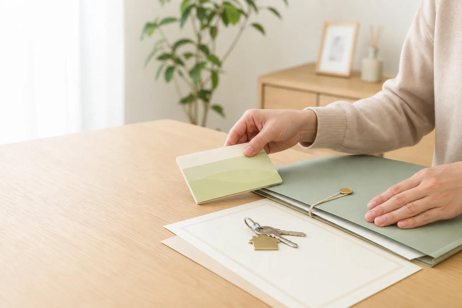 相続に関する書類と鍵を整理している様子
