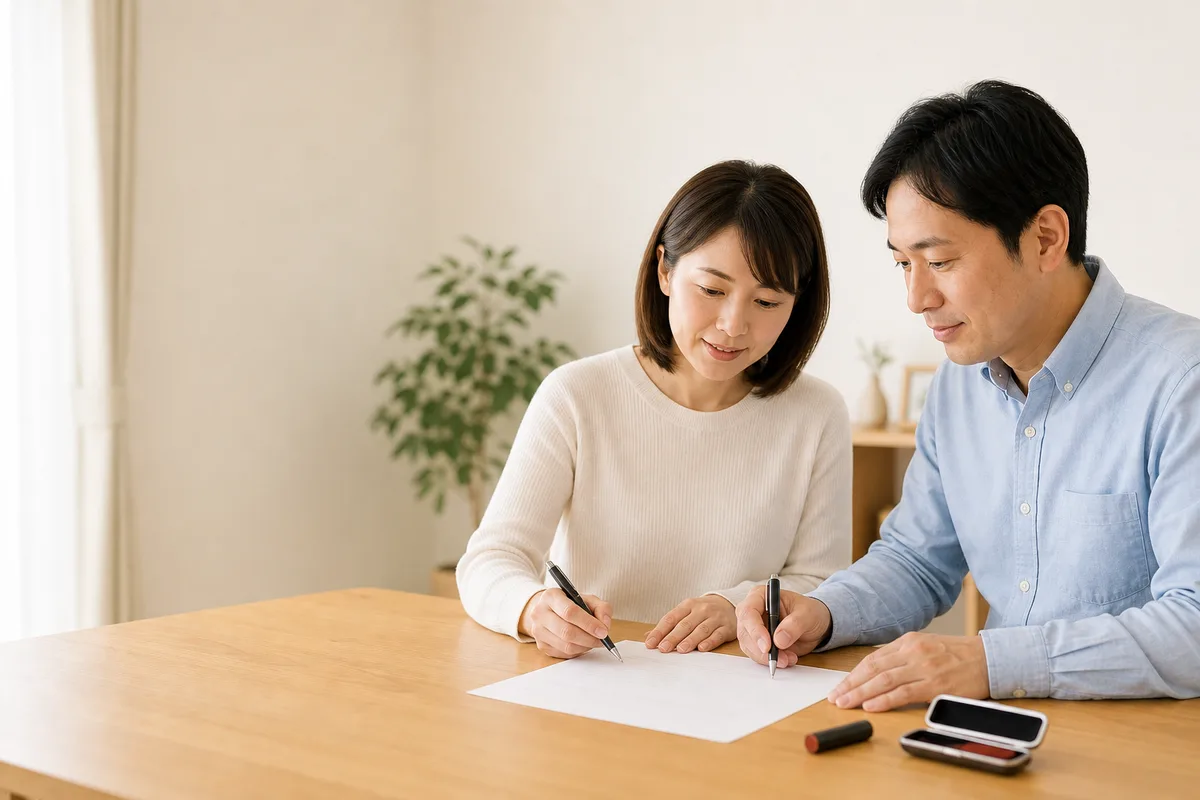 遺産分割協議書を確認する家族の様子